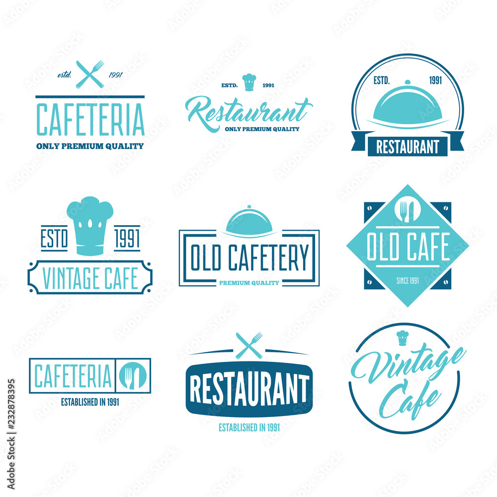 Restaurant Logos, Badges and Labels Design Elements set in vintage ...