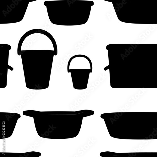 Seamless pattern. Black silhouette. Collection of water containers. Water buckets and basins. plastic products mass market. Flat vector illustration on white background