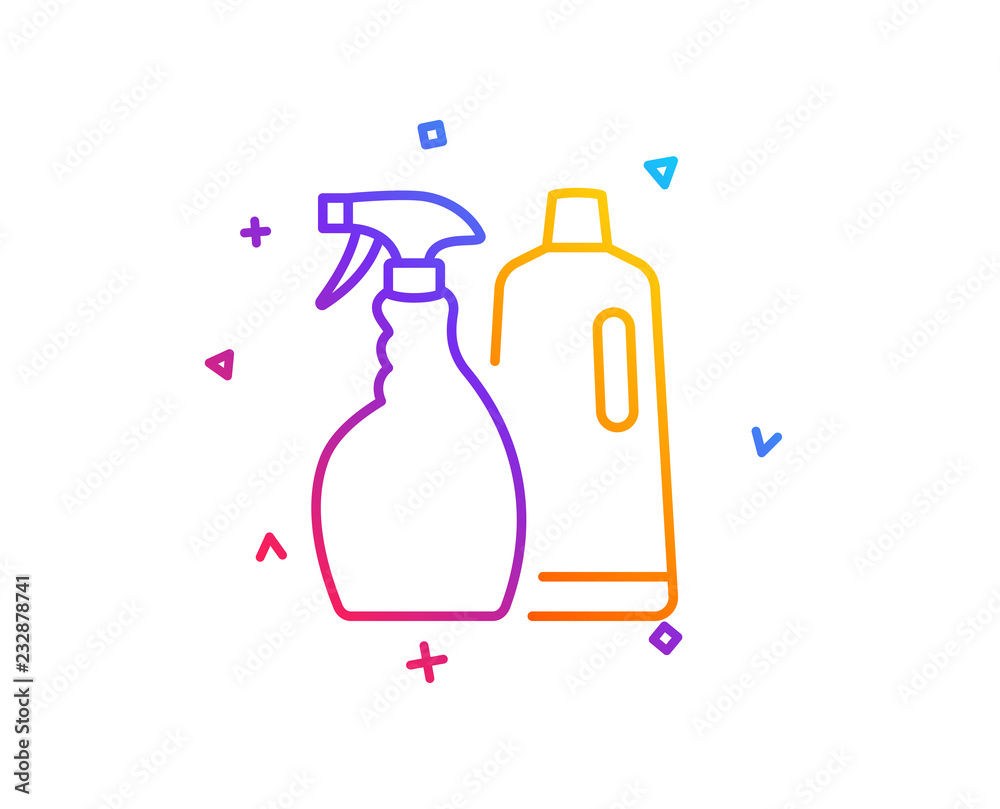 Cleaning spray and Shampoo line icon. Washing liquid or Cleanser symbol. Housekeeping equipment sign. Gradient line button. Shampoo and Spray icon design. Colorful geometric shapes. Vector
