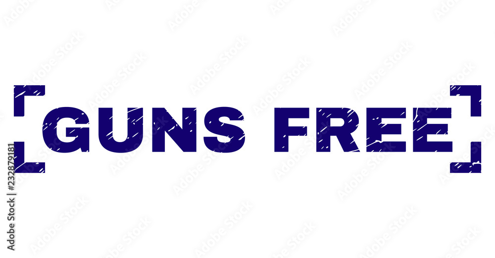 GUNS FREE label seal print with distress texture. Text caption is placed inside corners. Blue vector rubber print of GUNS FREE with corroded texture.
