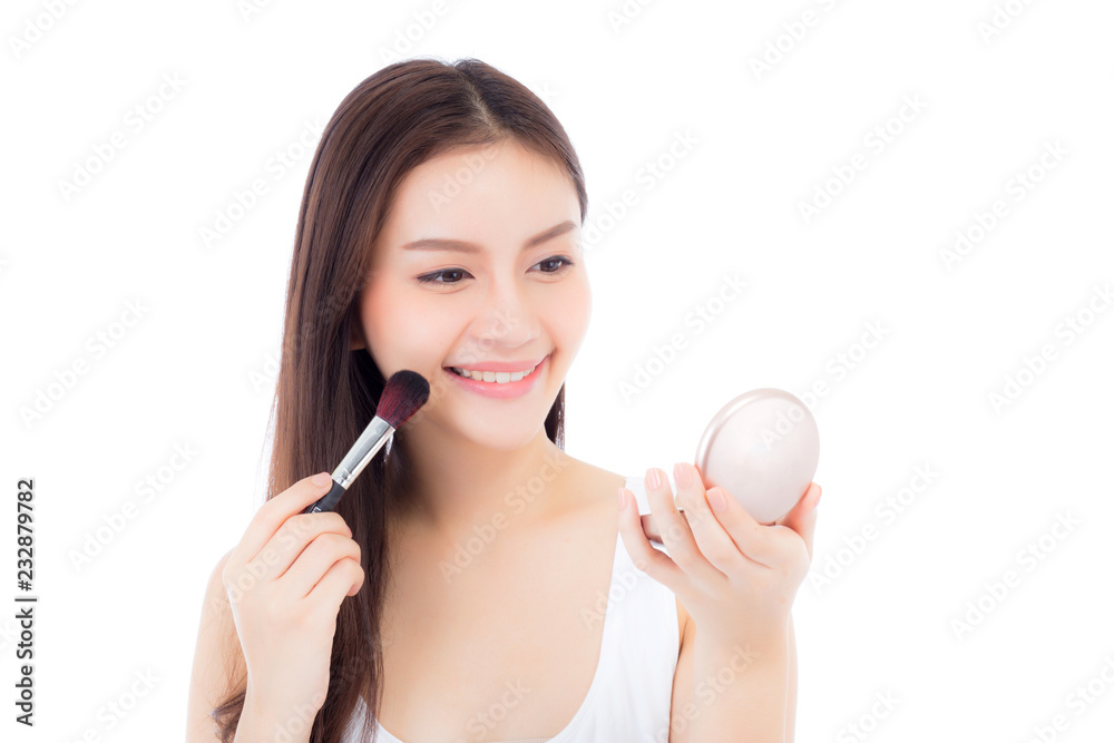 Beauty of portrait asian woman applying make up with brush of cheek isolated on white background, beautiful of girl holding blusher, skincare and cosmetic concept. Beauty of portrait asian woman applying make up with brush of cheek isolated on white background, beautiful of girl holding blusher, skincare and cosmetic concept.