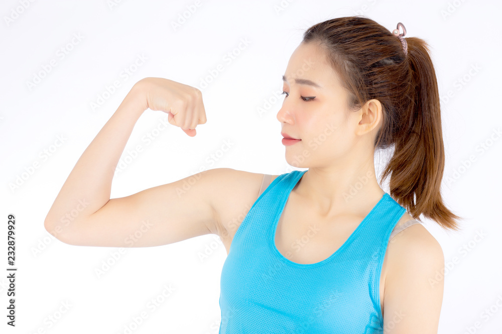 Beautiful portrait asian woman wear sport clothes have strong and muscle with health, girl show biceps with exercise and workout for wellness isolated on white background, strength and fit concept. Beautiful portrait asian woman wear sport clothes have strong and muscle with health, girl show biceps with exercise and workout for wellness isolated on white background, strength and fit concept.