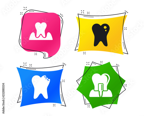 Dental care icons. Caries tooth sign. Tooth endosseous implant symbol. Parodontosis gingivitis sign. Geometric colorful tags. Banners with flat icons. Trendy design. Tooth vector