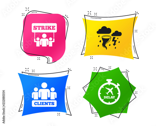 Strike icon. Storm bad weather and group of people signs. Delayed flight symbol. Geometric colorful tags. Banners with flat icons. Trendy design. Vector