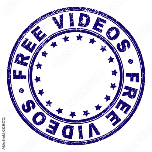 FREE VIDEOS stamp seal watermark with grunge texture. Designed with round shapes and stars. Blue vector rubber print of FREE VIDEOS text with grunge texture.