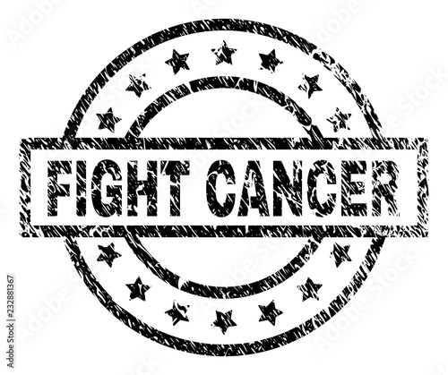 FIGHT CANCER stamp seal watermark with distress style. Designed with rectangle, circles and stars. Black vector rubber print of FIGHT CANCER title with retro texture.