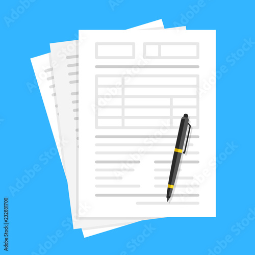Documents and pen. Filling forms, lot of paper, application form, office work, accounting, paperwork concepts. Flat design. Vector illustration photo