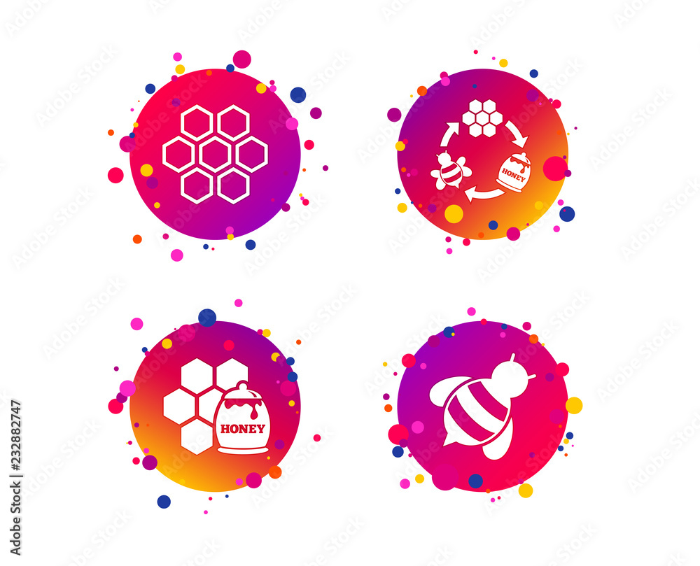 Honey icon. Honeycomb cells with bees symbol. Sweet natural food signs. Gradient circle buttons with icons. Random dots design. Vector Honey icon. Honeycomb cells with bees symbol. Sweet natural food signs. Gradient circle buttons with icons. Random dots design. Vector