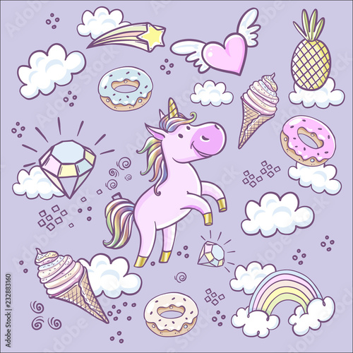 Fashion patch badges with, donuts rainbow, confetti and other elements.Vector background with stickers, pins