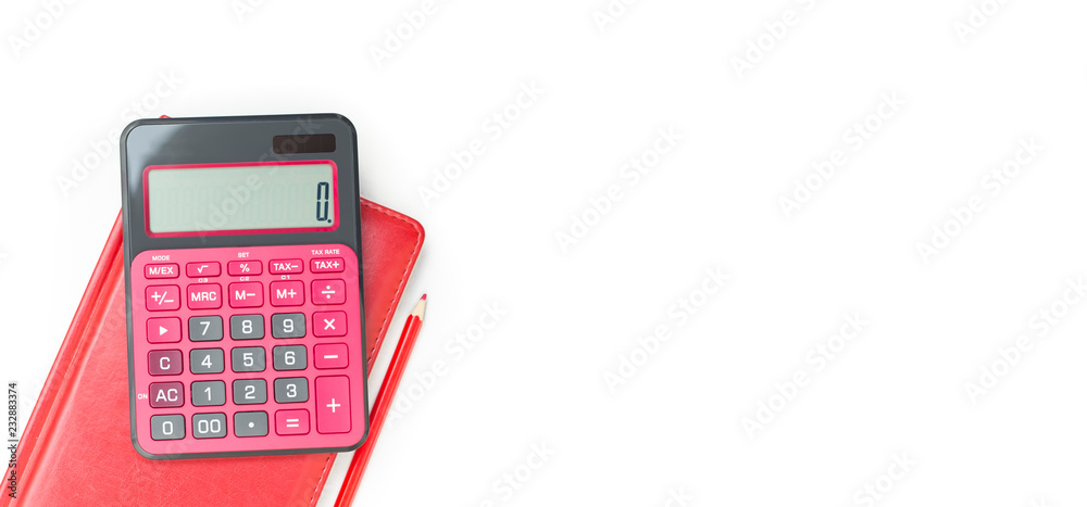 red calculator and organizer on the white table with red pencil
