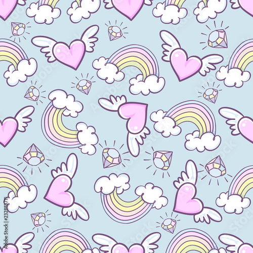 Seamless pattern with donuts, rainbow, heart with wings, precious diamond, Can be used for background images, web pages, surface textures © Anna