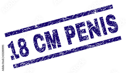 18 CM PENIS seal print with scratced style. Blue vector rubber print of 18 CM PENIS title with retro texture. Text label is placed between parallel lines.
