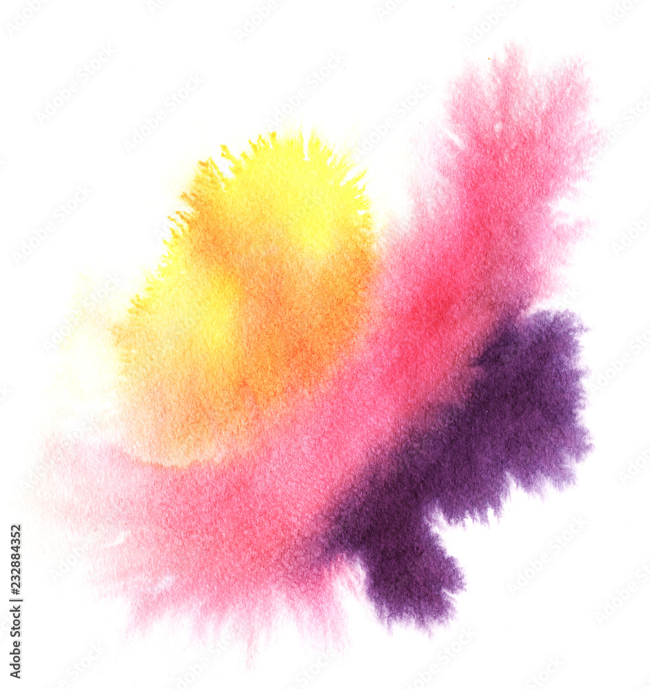 Abstract colorful purple, pink, yellow gradient blots. Hand drawn with watercolor on a wet textured paper illustration