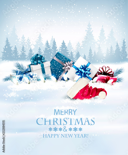 Holiday Christmas background with a gift boxes and Santa hat. Vector.