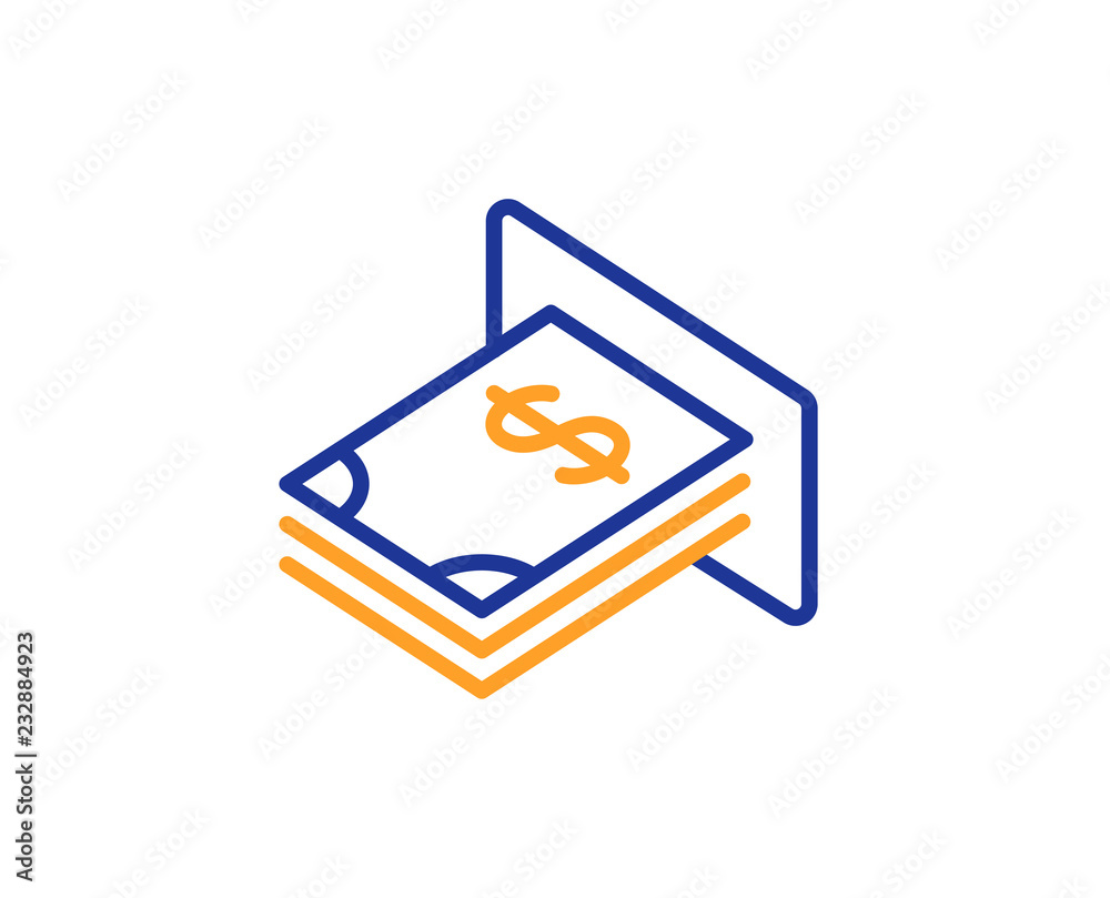 Cash money line icon. Banking currency sign. Dollar or USD symbol. Colorful outline concept. Blue and orange thin line color icon. ATM money Vector