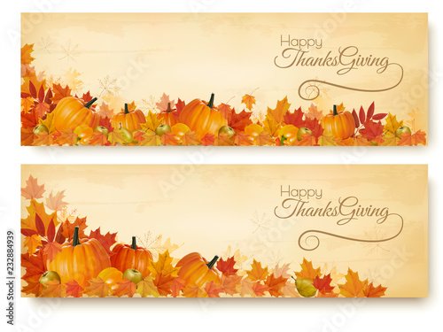 Two Thanksgiving Holiday Banners with colorful leaves and autumn vegetables Vector.