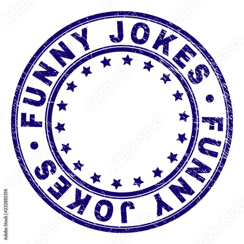 FUNNY JOKES stamp seal watermark with grunge texture. Designed with circles and stars. Blue vector rubber print of FUNNY JOKES tag with grunge texture.