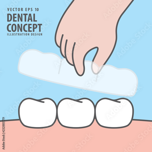 Square banner Hand holding essix retainer for put on or take off with teeth illustration vector on blue background. Dental concept.