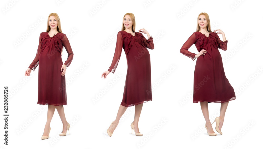 Pretty pregnant woman in red dress isolated on white Pretty pregnant woman in red dress isolated on white