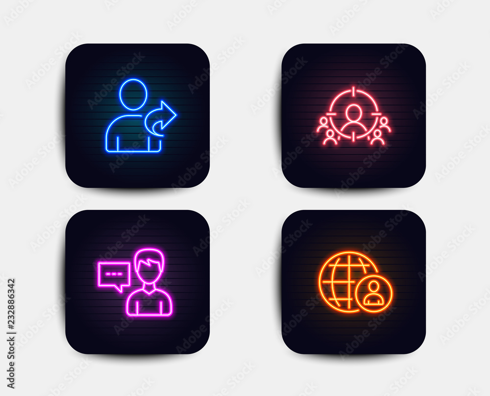 Neon set of Refer friend, Person talk and Business targeting icons. International recruitment sign. Share, Communication message, People and target aim. Business neon icons. Vector