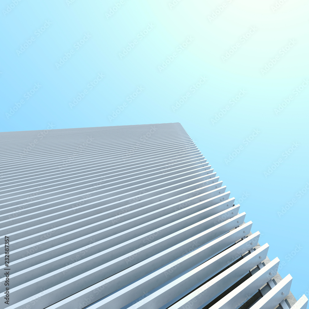 The facade of the building in modern style is illuminated by the day sun. White stripes modern facade. 3D illustration. The facade of the building in modern style is illuminated by the day sun. White stripes modern facade. 3D illustration.