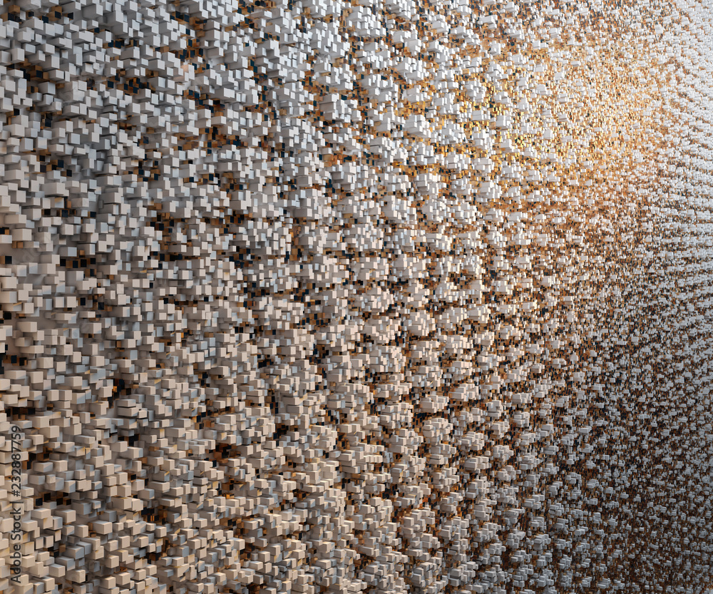 3D wall of white and gold cubes. Decorative wall close up with beautiful lighting. 3D illustration. 3D wall of white and gold cubes. Decorative wall close up with beautiful lighting. 3D illustration.