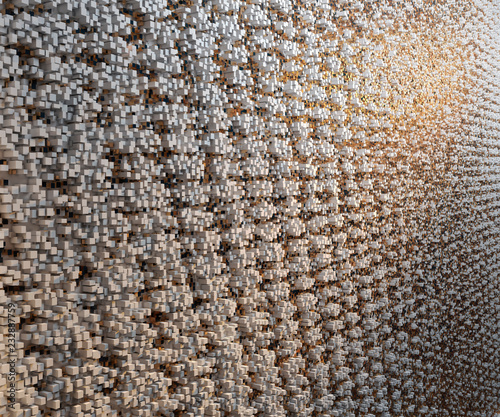 3D wall of white and gold cubes. Decorative wall close up with beautiful lighting. 3D illustration.
