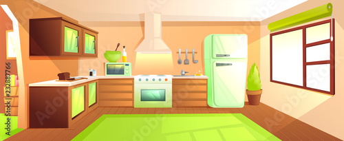 Modern kitchen interior with furniture. Design room with hood and stove and microwave and sink and refrigerator