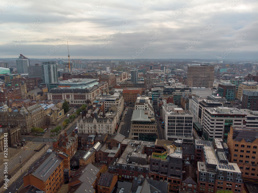 Leeds town centre aerial photo taken on a partly cloudy day.