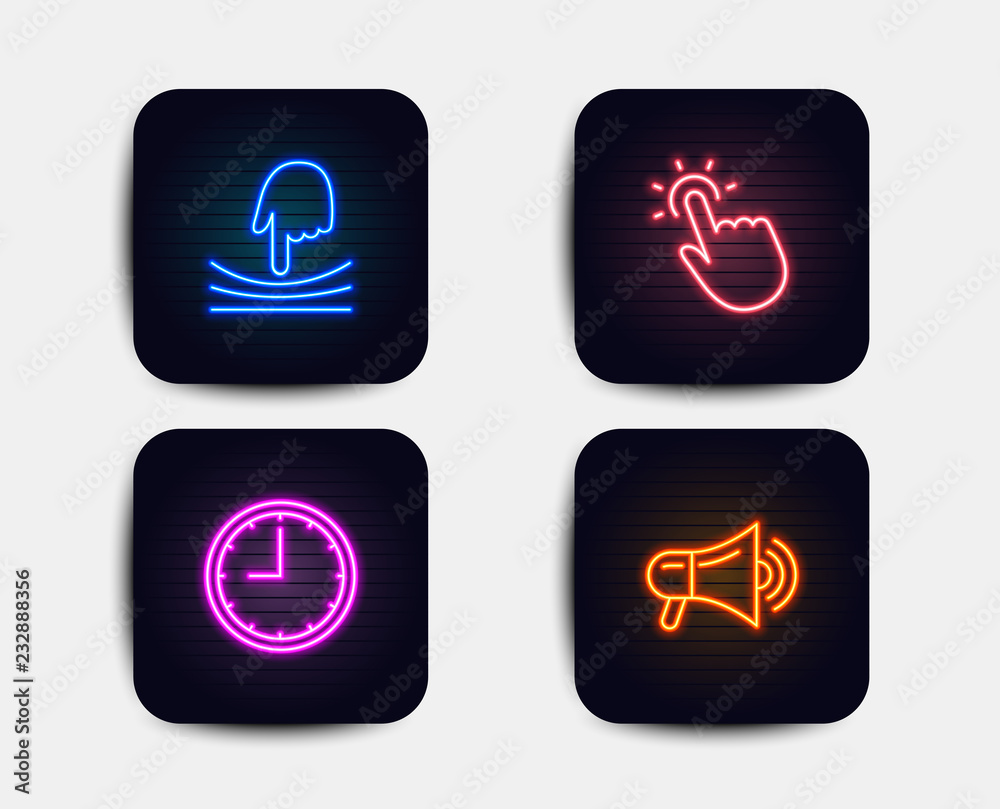 Neon set of Elastic, Touchpoint and Time icons. Megaphone sign. Resilience, Touch technology, Office clock. Advertisement. Neon time icons. Glowing light banners. Vector Neon set of Elastic, Touchpoint and Time icons. Megaphone sign. Resilience, Touch technology, Office clock. Advertisement. Neon time icons. Glowing light banners. Vector