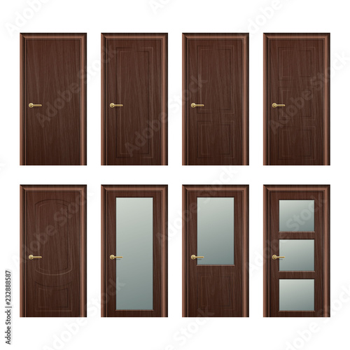 Fototapeta Naklejka Na Ścianę i Meble -  Vector realistic different closed brown wooden door icon set closeup isolated on white background. Elements of architecture. Design template for graphics, Front view