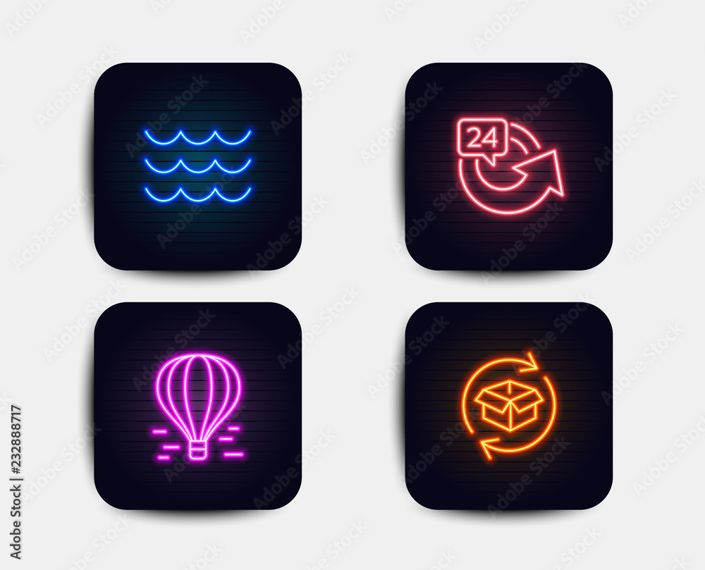 Neon set of 24 hours, Air balloon and Waves icons. Return parcel sign. Repeat, Flight travel, Water wave. Exchange of goods. Neon waves icons. Glowing light banners. Vector Neon set of 24 hours, Air balloon and Waves icons. Return parcel sign. Repeat, Flight travel, Water wave. Exchange of goods. Neon waves icons. Glowing light banners. Vector