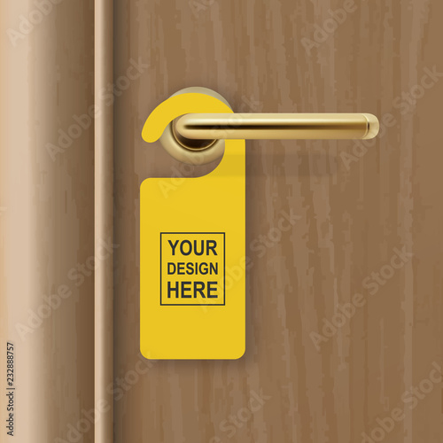 Vector realistic paper yellow door hanger on brown realistic wooden door with metal gold handle background. Door hanger mockup. Design template for graphics. Full length door is in a clipping mask