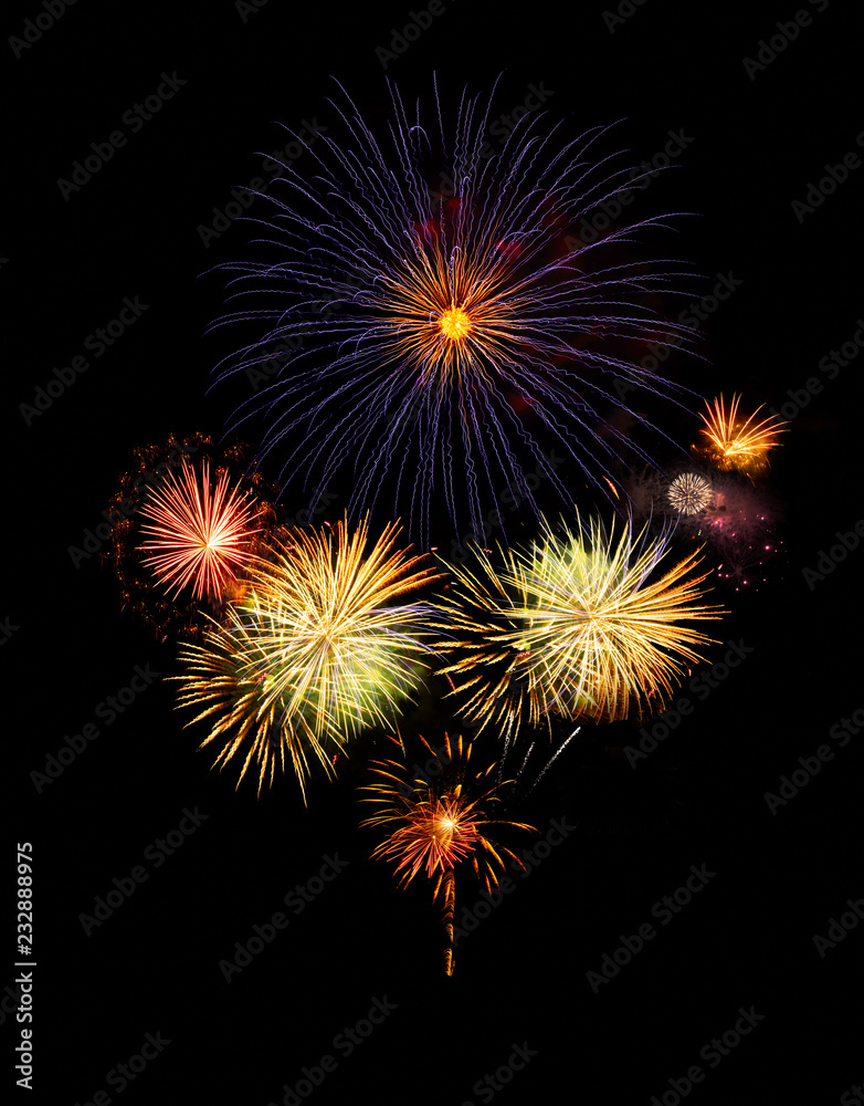 Fireworks abstract colorful explosions isolated on black, festiveal and celebration concept