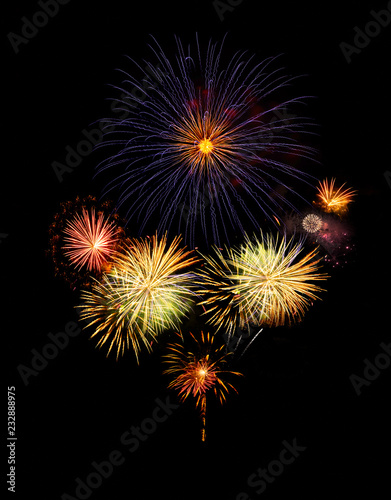 Fireworks abstract colorful explosions isolated on black  festiveal and celebration concept