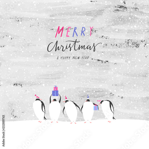 Penguins celebrate Christmas at the South Pole. Merry Christmas and Happy New Year greeting card.