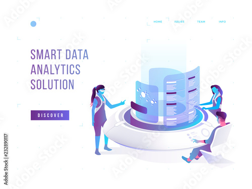 People interacting with charts and analysing statistics. Data visualisation concept. 3d isometric vector illustration.