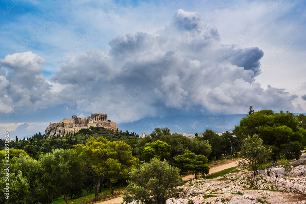 View of an acropolis in Athens from the hill
