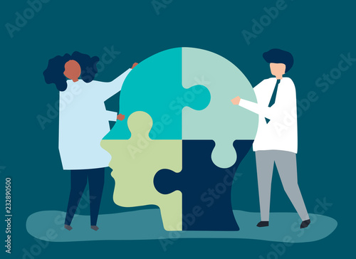 People connecting jigsaw pieces of a head together