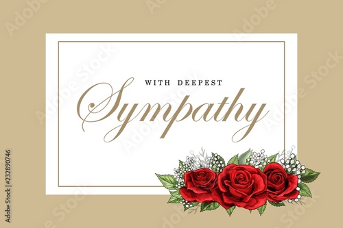 Condolences sympathy card floral red roses bouquet and lettering