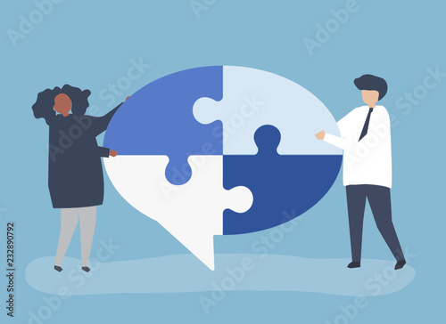 People carrying jigsaw pieces of a speech bubble