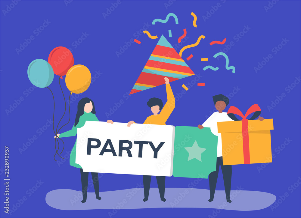 Character illustration of people with party icons Character illustration of people with party icons