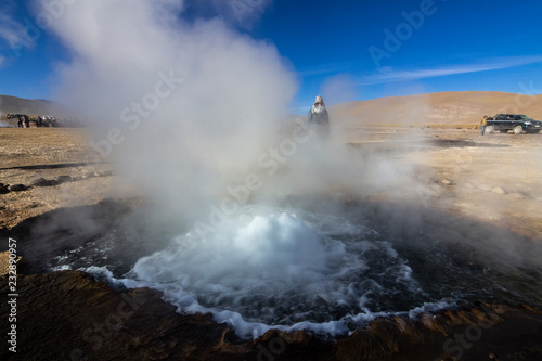 El Tatio Geysers at Atacama desert, amazing thermal waters at 4500 masl inside the Andes a place with an awe geothermal activity below the ground. Volcanic activity at Atacama , Chile