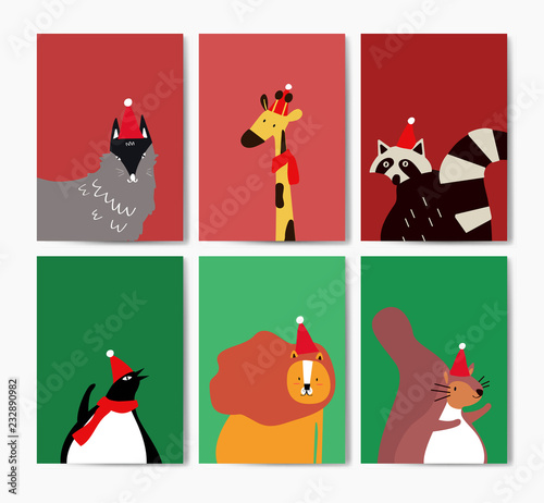 Collection of cute animals wearing Santa hats in cartoon style vector
