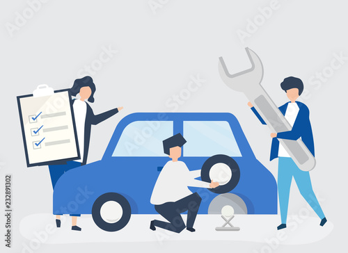 People exchanging a car tire