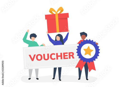 Character illustration of people holding voucher icons