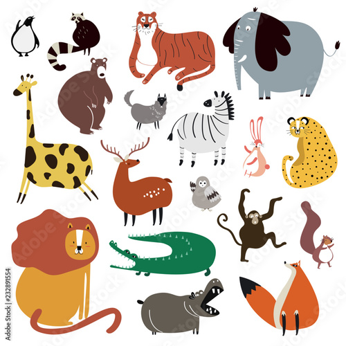 Collection of cute wild animals in cartoon style vector