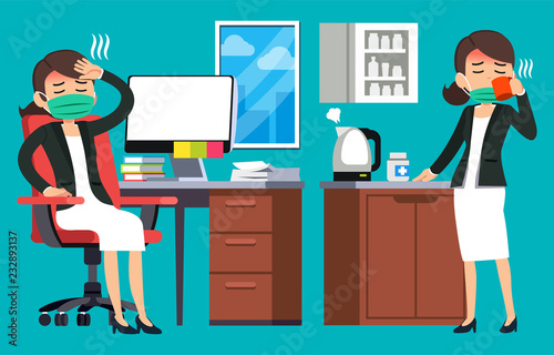 Office worker is sick. Basic health care of employee in work to continue working.