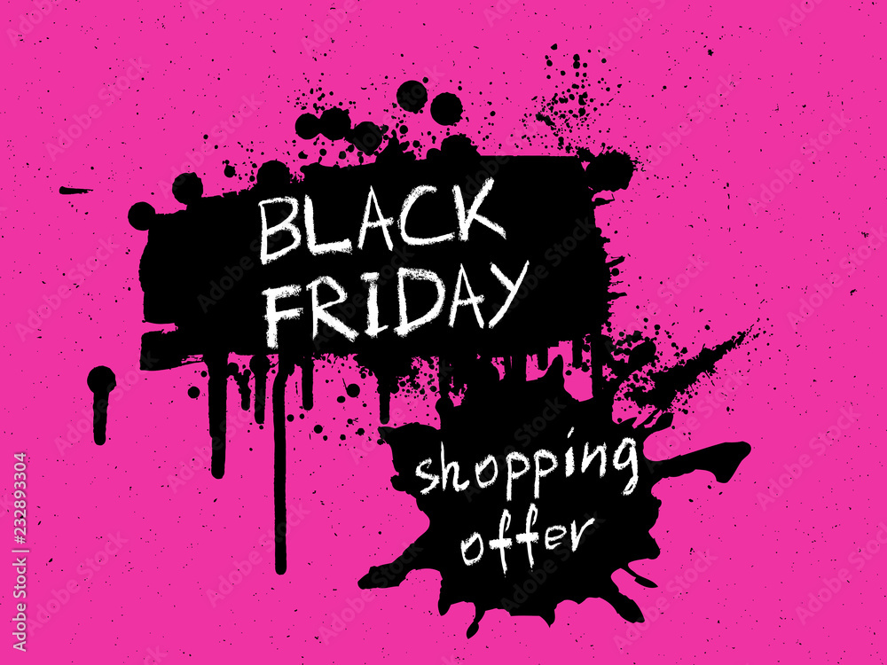 Sale discounts for holidays season banner in pink or red. Black Friday, black and white shopping bags banners or print made of paint and ink splashes, stains on the textured noisy background. Vector. Sale discounts for holidays season banner in pink or red. Black Friday, black and white shopping bags banners or print made of paint and ink splashes, stains on the textured noisy background. Vector.