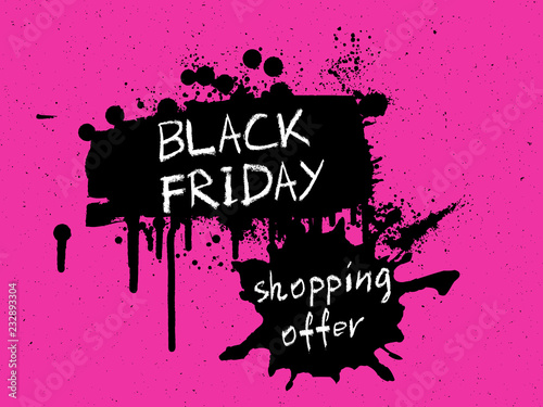 Sale discounts for holidays season banner in pink or red. Black Friday  black and white shopping bags banners or print made of paint and ink splashes  stains on the textured noisy background. Vector.